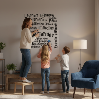 Maman et enfants posant le sticker Harry Potter