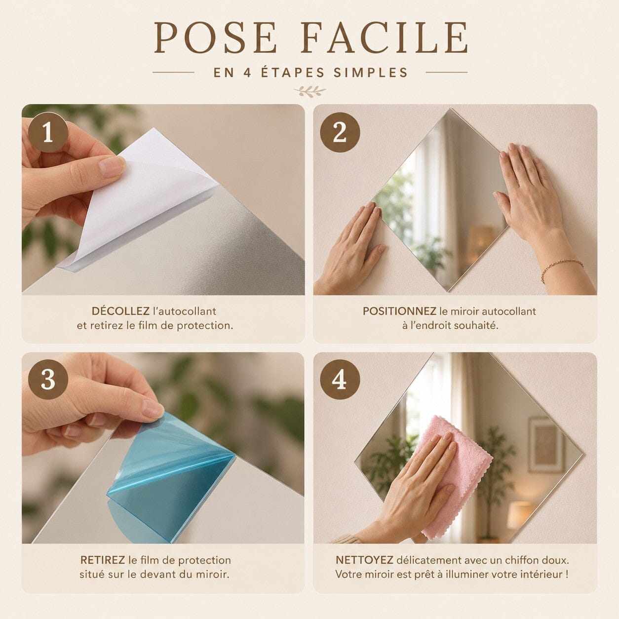 Miroir autocollant Diamond avec guide de pose en 4 étapes simples