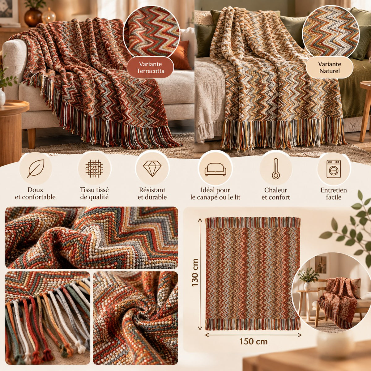 Plaid canapé Évasion Bohème 130 x 150 cm en variantes naturel et terracotta avec détails et caractéristiques