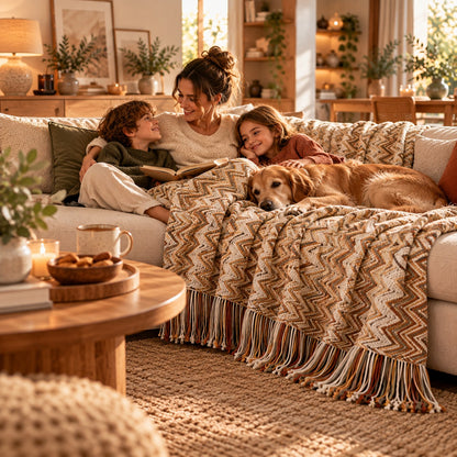 Plaid canapé Évasion Bohème beige dans un salon familial avec une femme, deux enfants et un chien