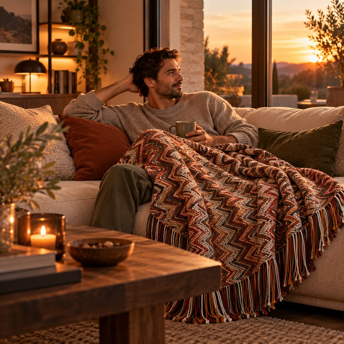Plaid canapé Évasion Bohème terracotta dans un salon aux tons naturels avec un homme installé confortablement
