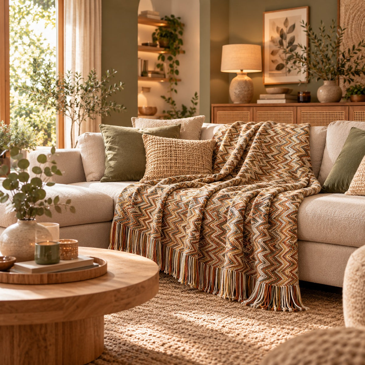 Plaid canapé Évasion Bohème naturel dans un salon beige et vert sauge