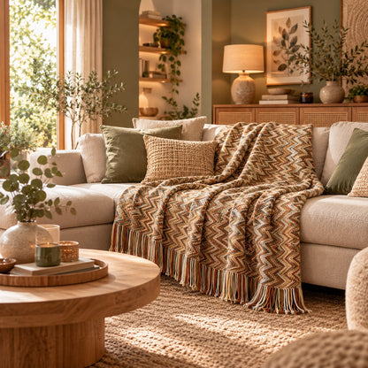 Plaid canapé Évasion Bohème naturel dans un salon beige et vert sauge