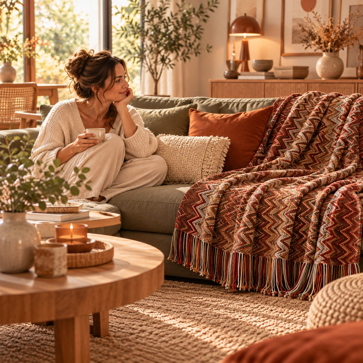 Plaid canapé Évasion Bohème terracotta dans un salon chaleureux aux teintes naturelles avec une femme