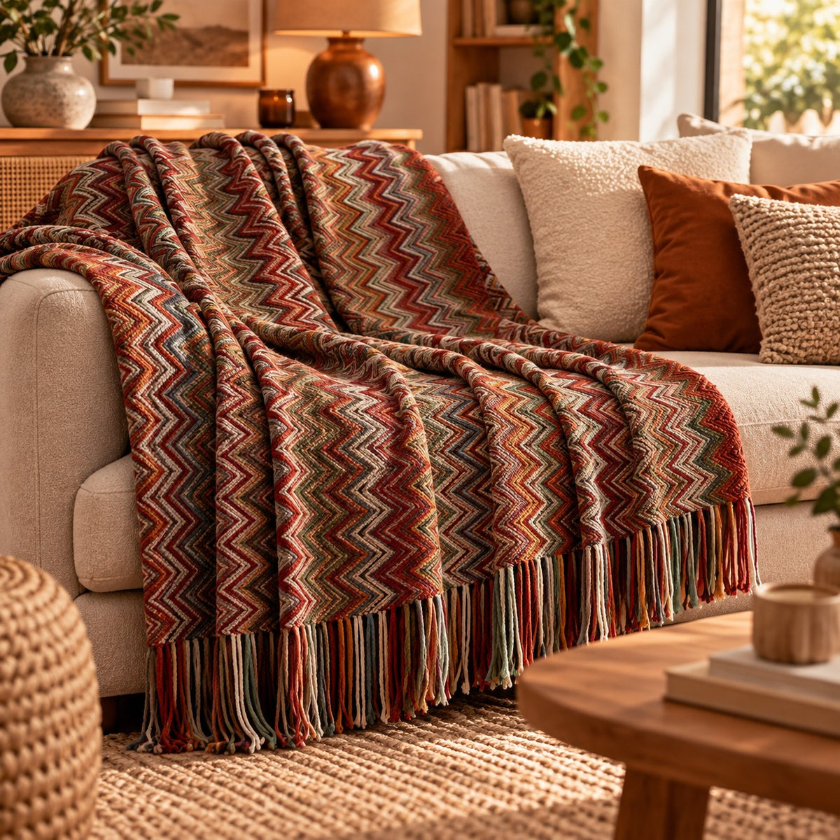 Plaid canapé Évasion Bohème terracotta à motifs géométriques, tons terracotta, marron et beige, avec franges sur un canapé