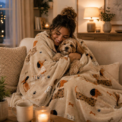 Plaid Complice 100 × 150 cm à motif teckel, enveloppant une femme et son chien dans un moment chaleureux et réconfortant sur le canapé