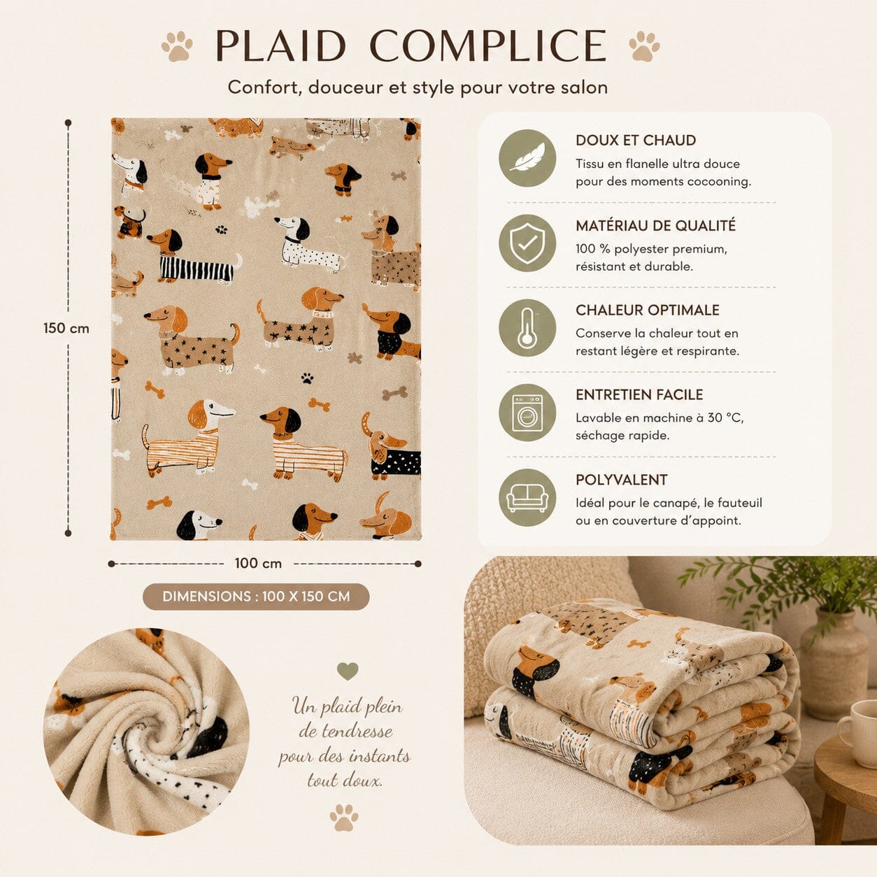 Plaid Complice à motif teckel 100 × 150 cm avec présentation de ses dimensions, de sa matière douce et de ses principales caractéristiques