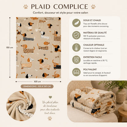 Plaid Complice à motif teckel 100 × 150 cm avec présentation de ses dimensions, de sa matière douce et de ses principales caractéristiques