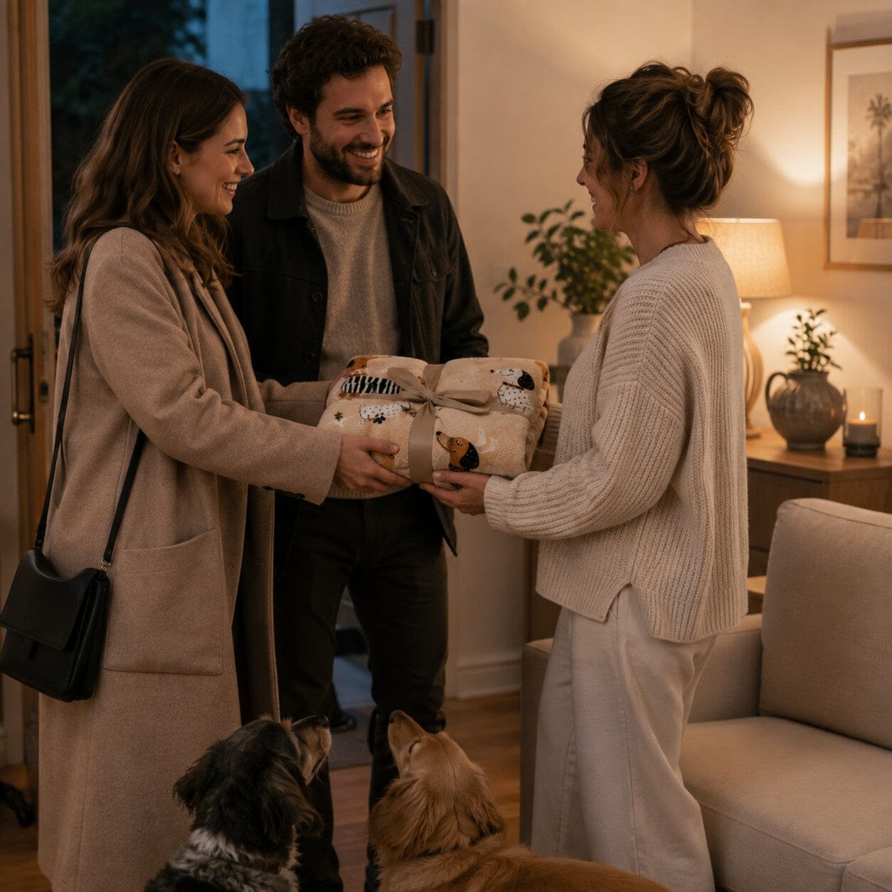 Plaid Complice 100 × 150 cm à motif teckel offert en cadeau à une hôte lors d’une visite chaleureuse, avec deux chiens dans la scène
