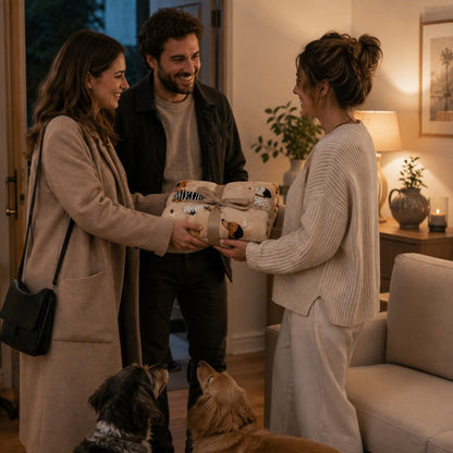 Plaid Complice 100 × 150 cm à motif teckel offert en cadeau à une hôte lors d’une visite chaleureuse, avec deux chiens dans la scène