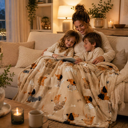 Plaid Complice 100 × 150 cm à motif teckel, partagé par une maman et ses deux enfants lors d’un moment de lecture chaleureux sur le canapé