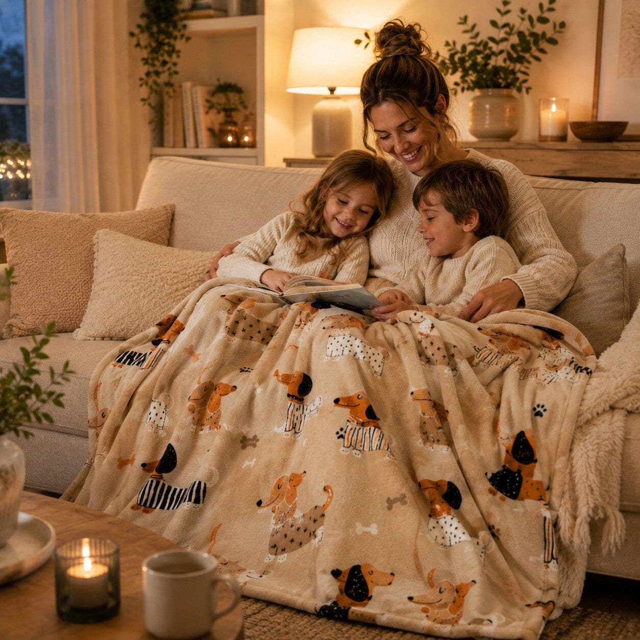 Plaid Complice 100 × 150 cm à motif teckel, partagé par une maman et ses deux enfants lors d’un moment de lecture chaleureux sur le canapé