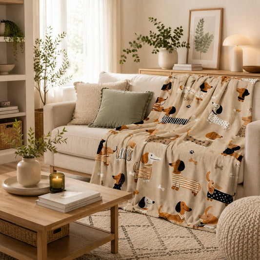 Plaid Complice 100 × 150 cm à motif teckel sur un canapé dans un salon lumineux aux tons beige, écru et vert sauge 