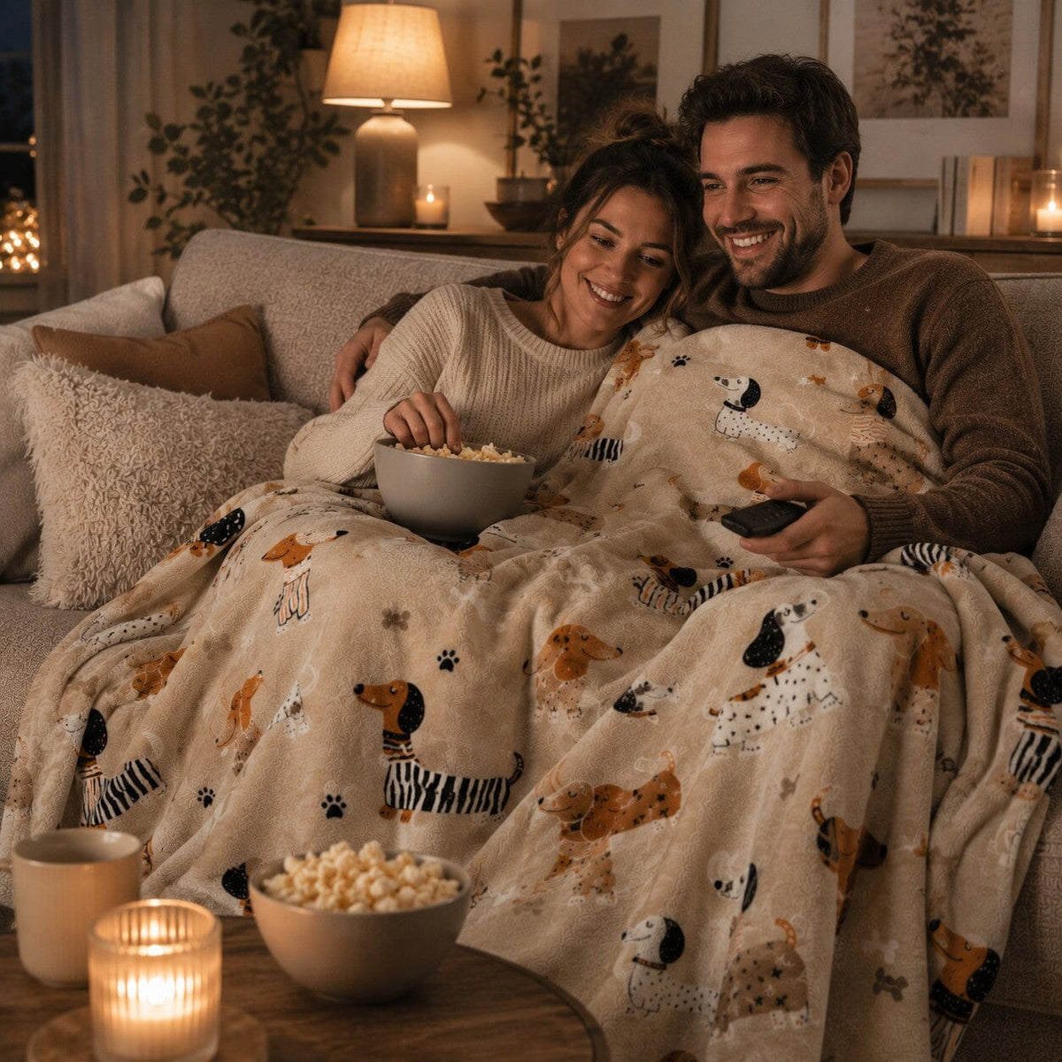 Plaid Complice 100 × 150 cm à motif teckel partagé par un couple lors d’une soirée télé chaleureuse et cocooning sur le canapé