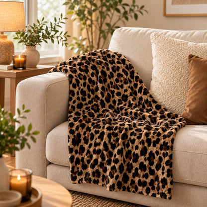 Plaid Esprit Sauvage motif léopard sur un canapé beige dans un salon chaleureux