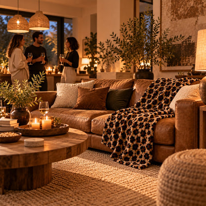 Plaid Esprit Sauvage dans un salon chaleureux aux tons naturels avec des invités