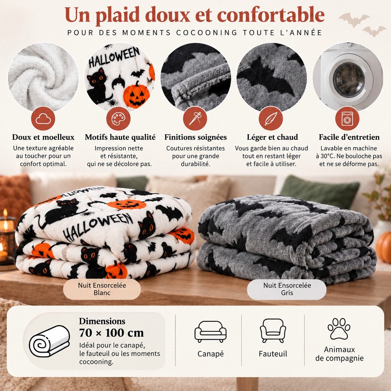 Fiche caractéristiques du plaid Halloween Nuit Ensorcelée 70 x 100 cm, disponible en blanc et gris, doux, léger, confortable et facile à entretenir, idéal pour canapé, fauteuil et animaux de compagnie