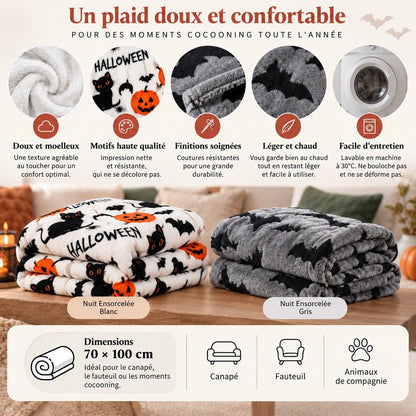 Fiche caractéristiques du plaid Halloween Nuit Ensorcelée 70 x 100 cm, disponible en blanc et gris, doux, léger, confortable et facile à entretenir, idéal pour canapé, fauteuil et animaux de compagnie