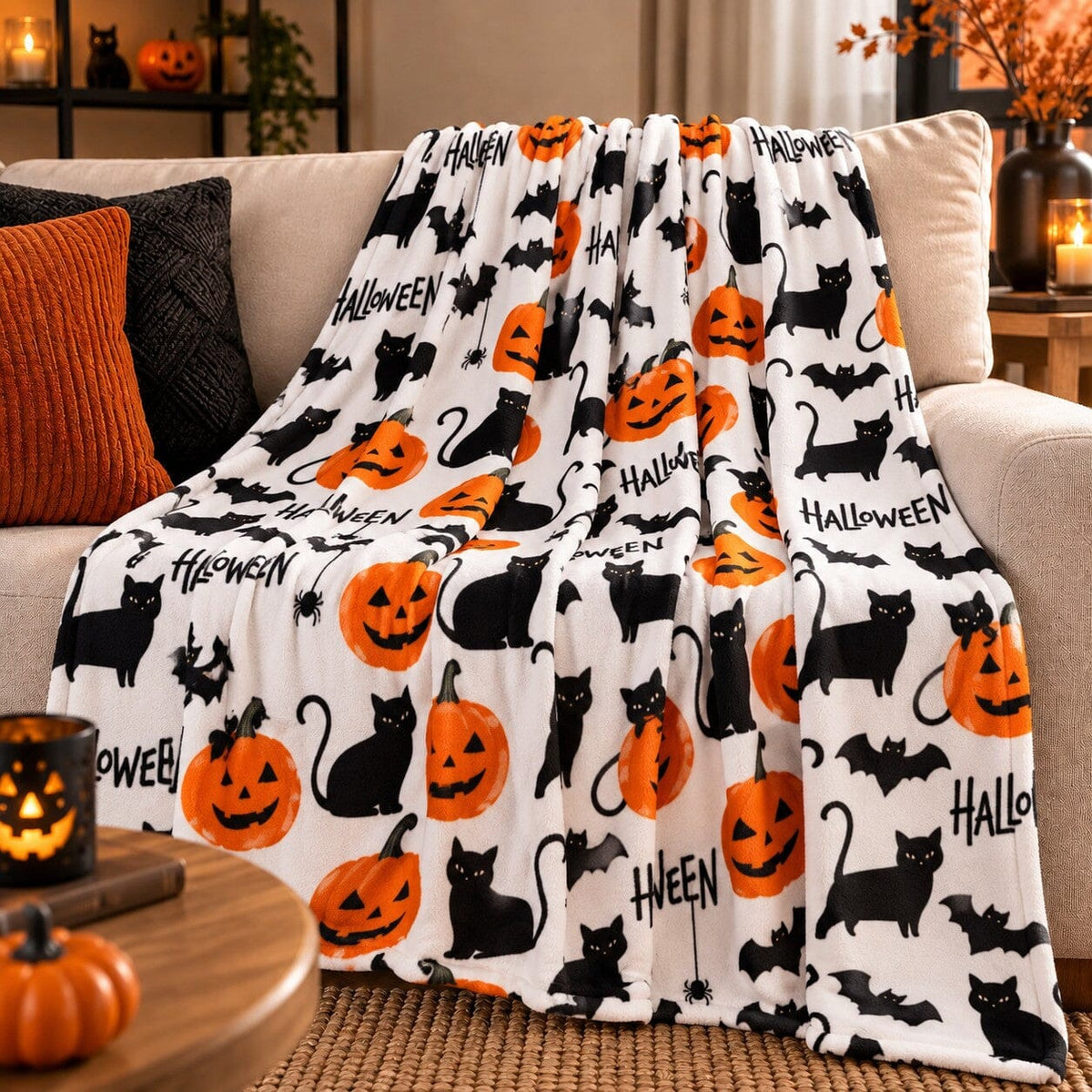 Plaid Halloween Nuit Ensorcelée blanc à motifs chats noirs, citrouilles, chauves-souris et accessoires de sorcière, installé sur un canapé dans un salon chaleureux