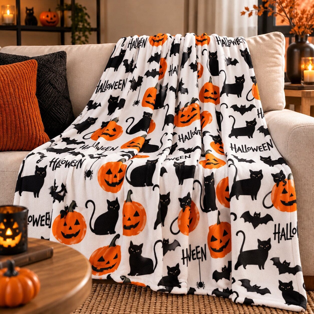 Plaid Halloween Nuit Ensorcelée blanc à motifs chats noirs, citrouilles, chauves-souris et accessoires de sorcière, installé sur un canapé dans un salon chaleureux