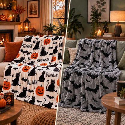 Plaid Halloween Nuit Ensorcelée présenté dans deux ambiances de salon, avec une variante chats, citrouilles et sorcières et une variante grise à motifs chauves-souris
