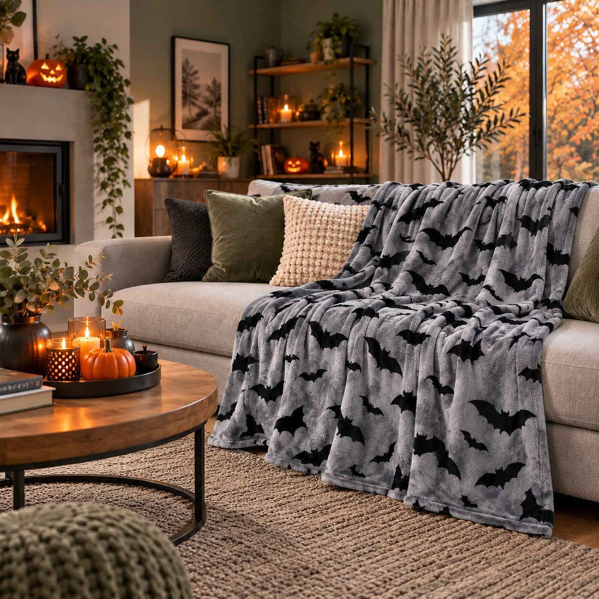 Plaid Halloween gris à motifs de chauves-souris noires installé sur un canapé dans un salon aux teintes vert sauge et naturelles