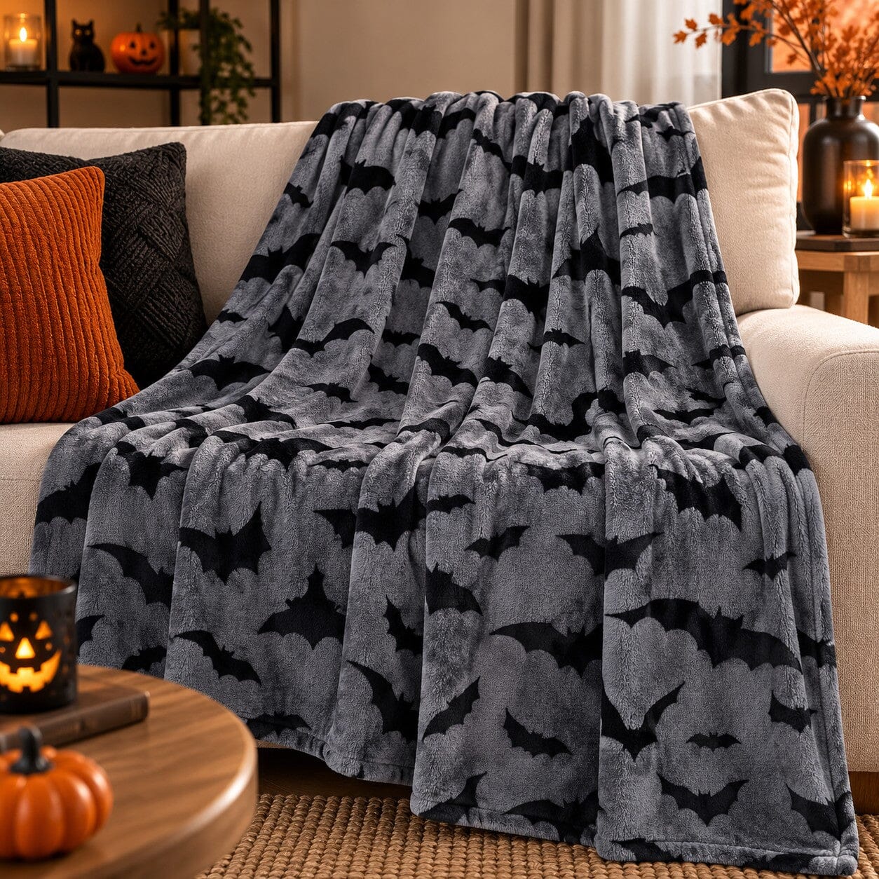 Plaid Halloween gris à motifs chauves-souris noires installé sur un canapé dans un salon chaleureux aux accents d’automne
