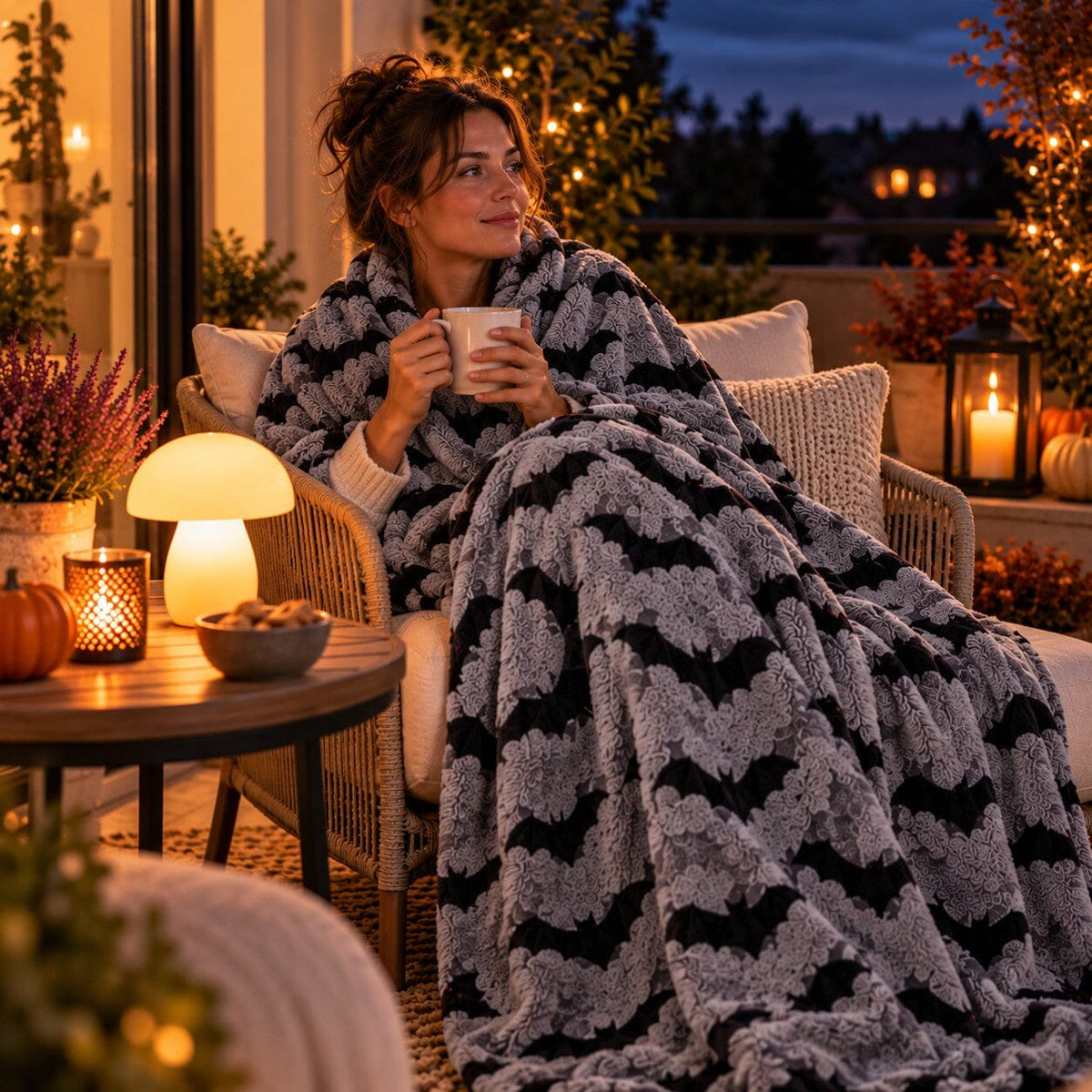 Plaid Halloween Nuit Ensorcelée gris utilisé par une femme sur une terrasse à la tombée de la nuit, dans une ambiance chaleureuse et cosy