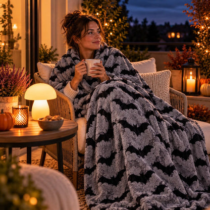 Plaid Halloween Nuit Ensorcelée gris utilisé par une femme sur une terrasse à la tombée de la nuit, dans une ambiance chaleureuse et cosy