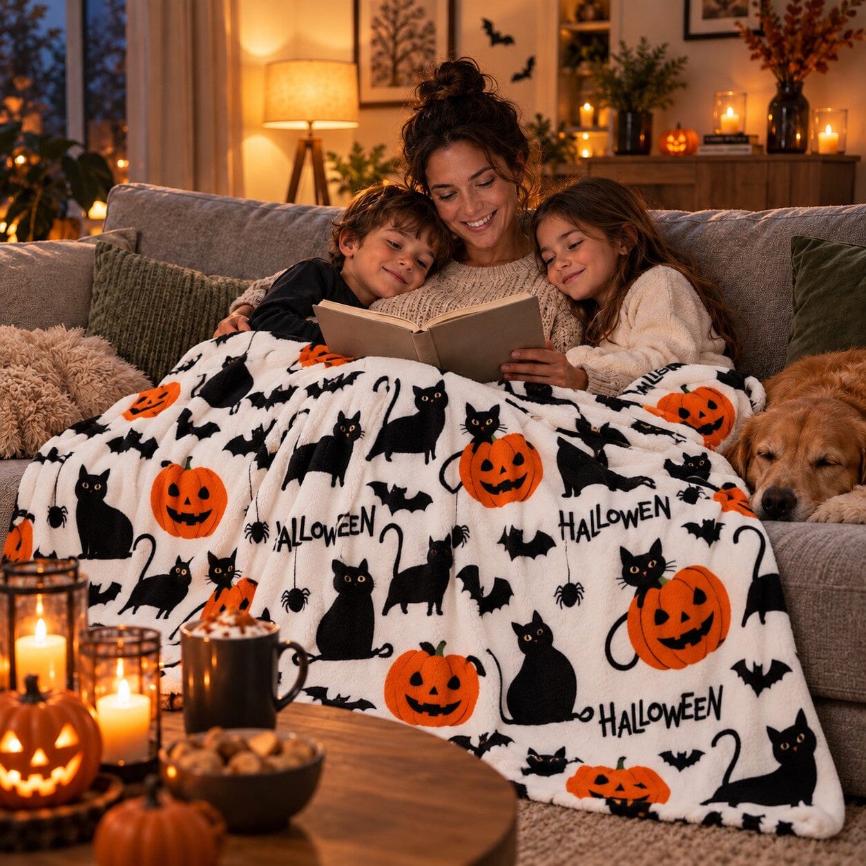 Plaid Halloween Nuit Ensorcelée utilisé pour un moment de lecture en famille dans un salon chaleureux et cosy