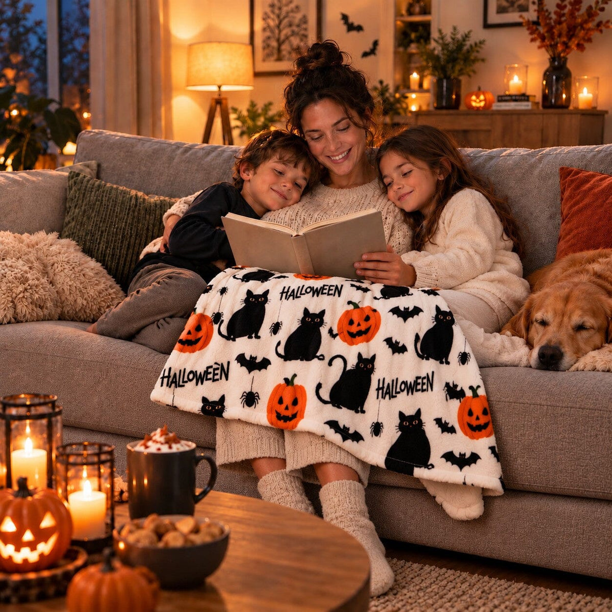 Plaid Halloween Nuit Ensorcelée utilisé pour un moment de lecture en famille dans un salon chaleureux et cosy