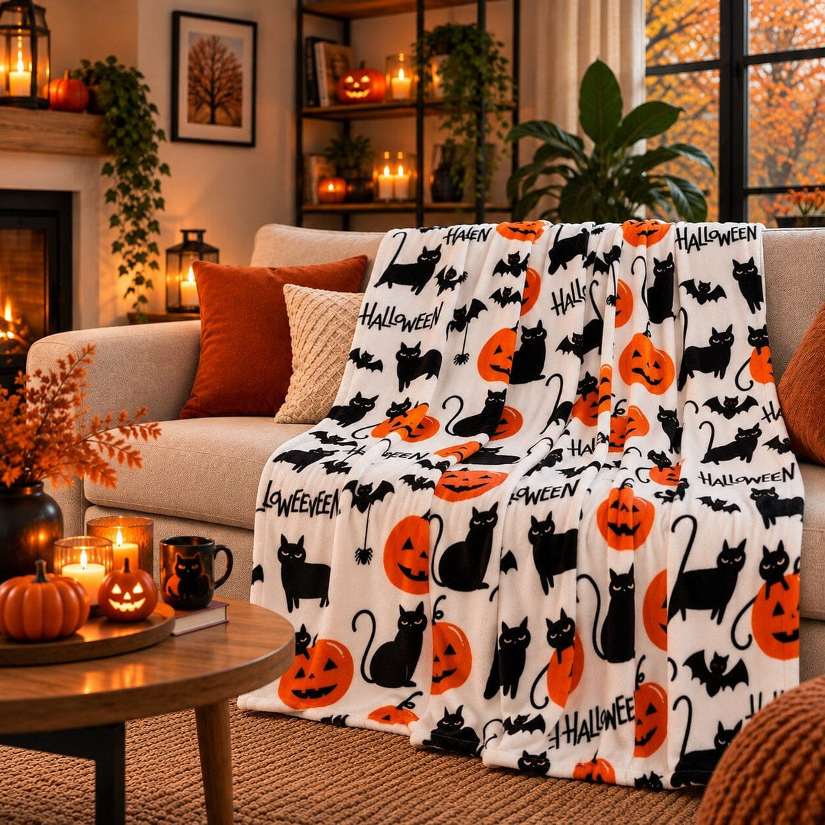 Plaid Halloween Nuit Ensorcelée à motifs de chats noirs, citrouilles et sorcières installé sur un canapé dans un salon chaleureux aux accents d’automne