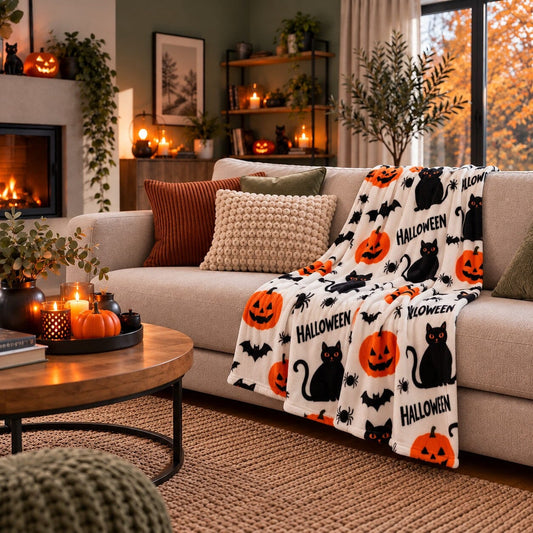 Plaid Halloween Nuit Ensorcelée à motifs de chats noirs, citrouilles et sorcières installé sur un canapé dans un salon chaleureux aux accents d’automne