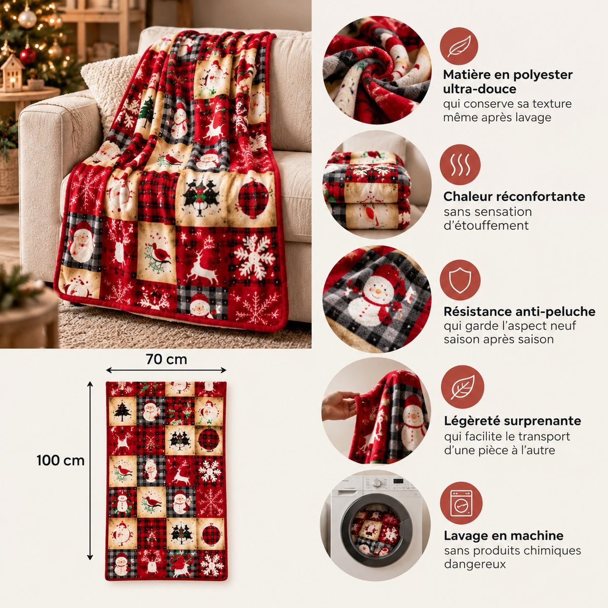 Plaid Noël Enchanté 70x100 cm avec présentation des caractéristiques, matière polyester ultra-douce, chaleur réconfortante, résistance anti-peluche, légèreté et lavage en machine