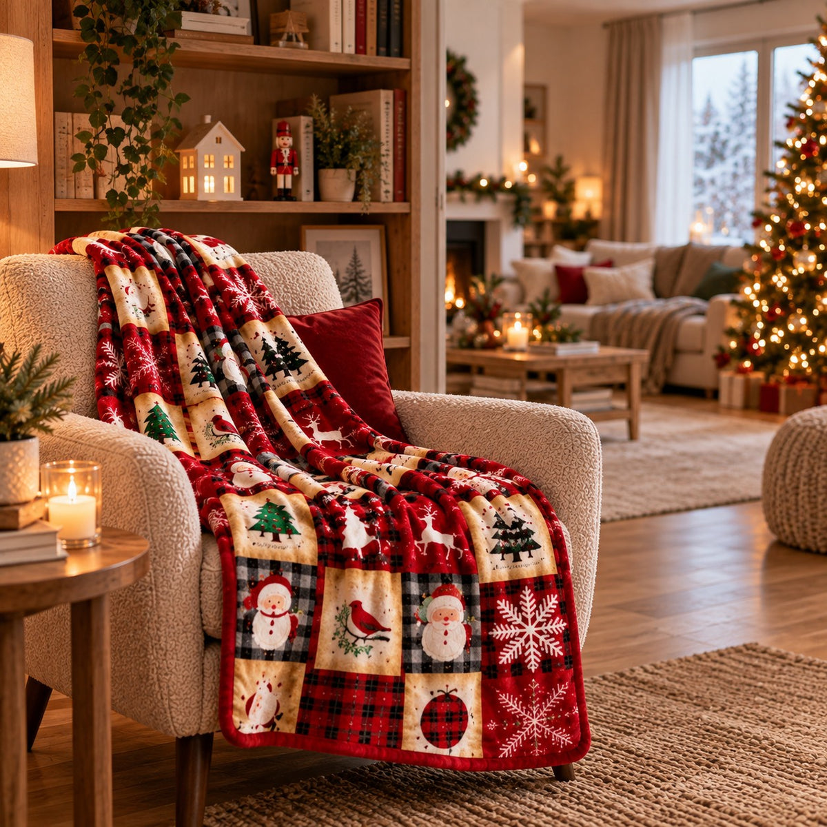 Plaid Noël Enchanté 70x100 cm posé sur un fauteuil écru devant une bibliothèque en bois, avec un salon décoré pour Noël et un sapin illuminé en arrière-plan