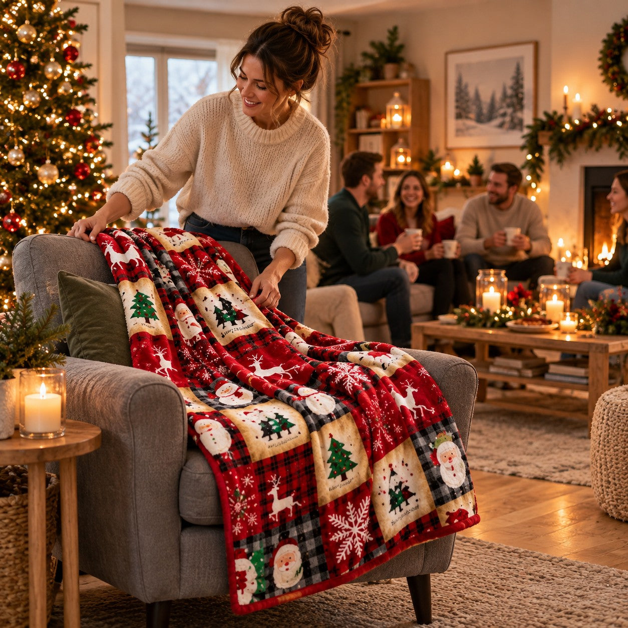Plaid Noël Enchanté 70x100 cm posé sur un fauteuil gris dans un salon chaleureux décoré pour Noël, avec une femme et des invités réunis en arrière-plan