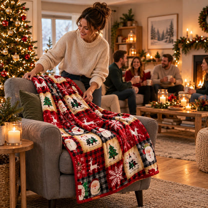 Plaid Noël Enchanté 70x100 cm posé sur un fauteuil gris dans un salon chaleureux décoré pour Noël, avec une femme et des invités réunis en arrière-plan