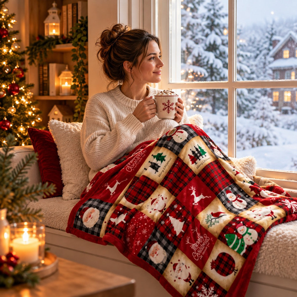 Plaid Noël Enchanté 70x100 cm sur une femme installée près d’une fenêtre enneigée, dans un intérieur chaleureux décoré pour Noël