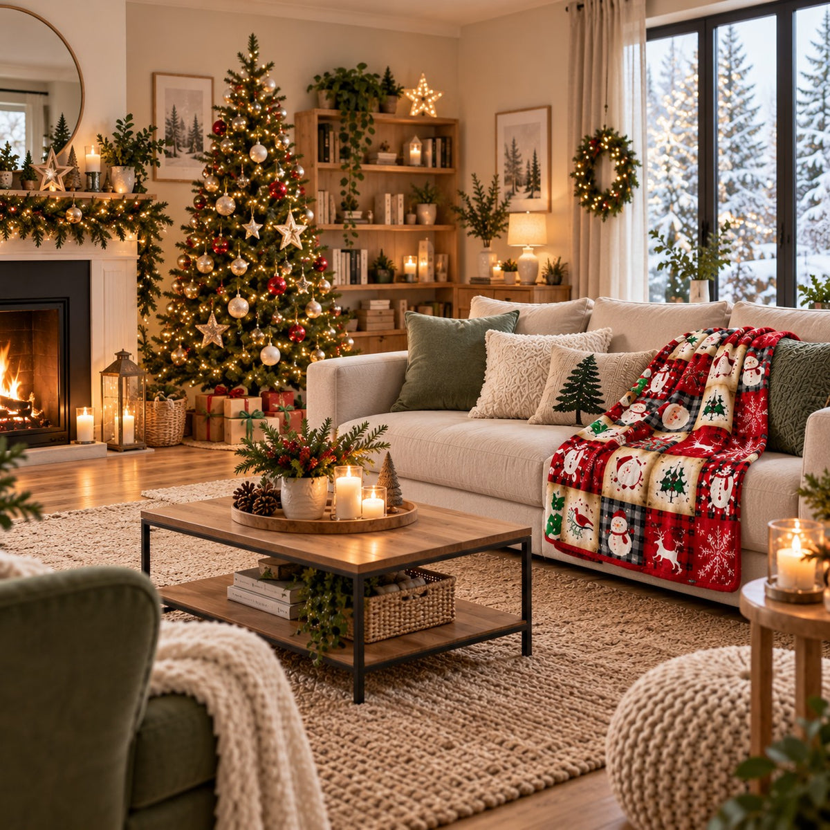 Plaid Noël Enchanté 70x100 cm posé sur un canapé écru dans un salon chaleureux aux murs beige clair, avec touches de vert sauge, bois, plantes et décorations de Noël