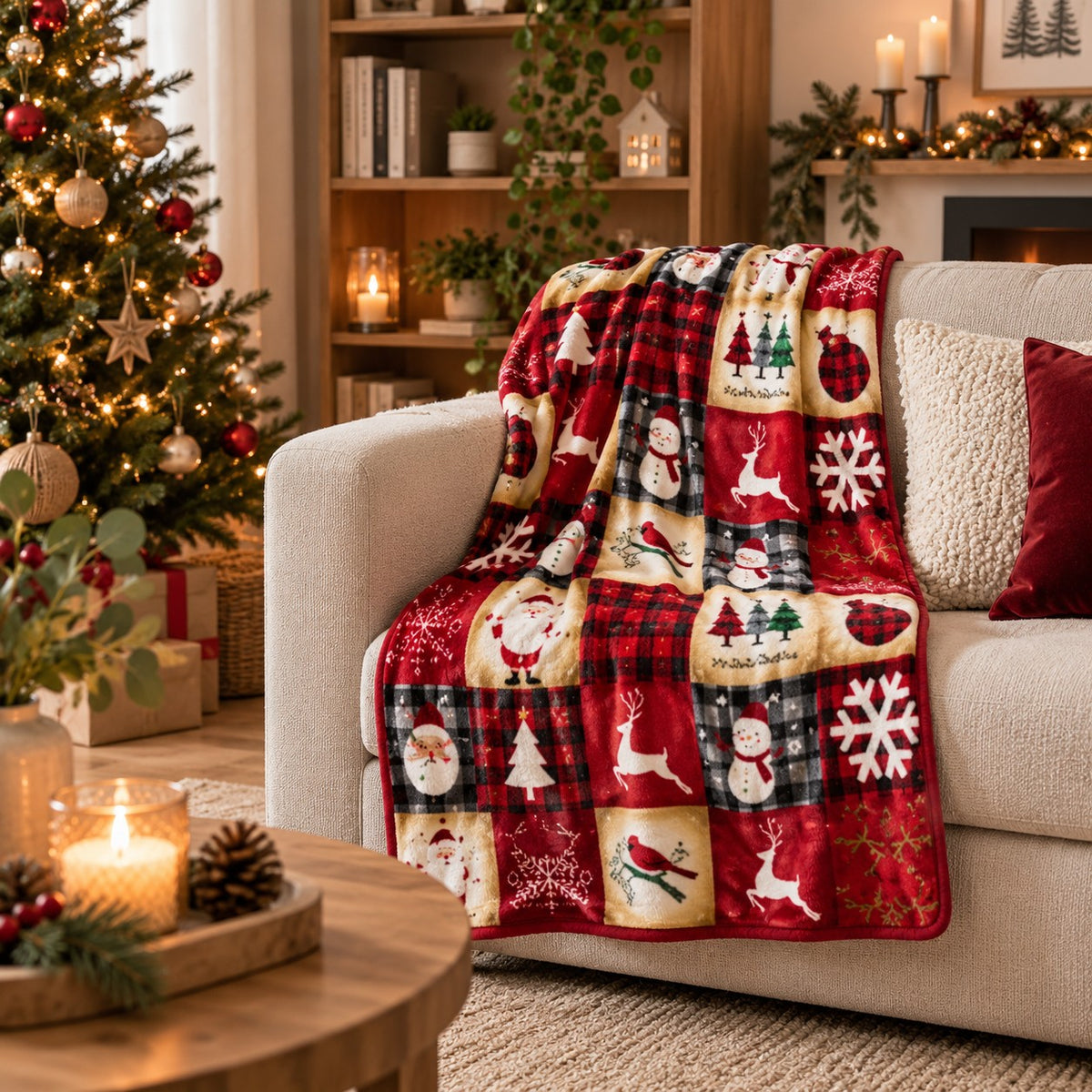 Plaid Noël Enchanté 70x100 cm posé sur un canapé près du sapin de Noël dans un salon naturel et chaleureux, avec plantes et décoration en bois
