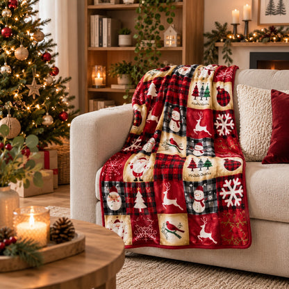 Plaid Noël Enchanté 70x100 cm posé sur un canapé près du sapin de Noël dans un salon naturel et chaleureux, avec plantes et décoration en bois