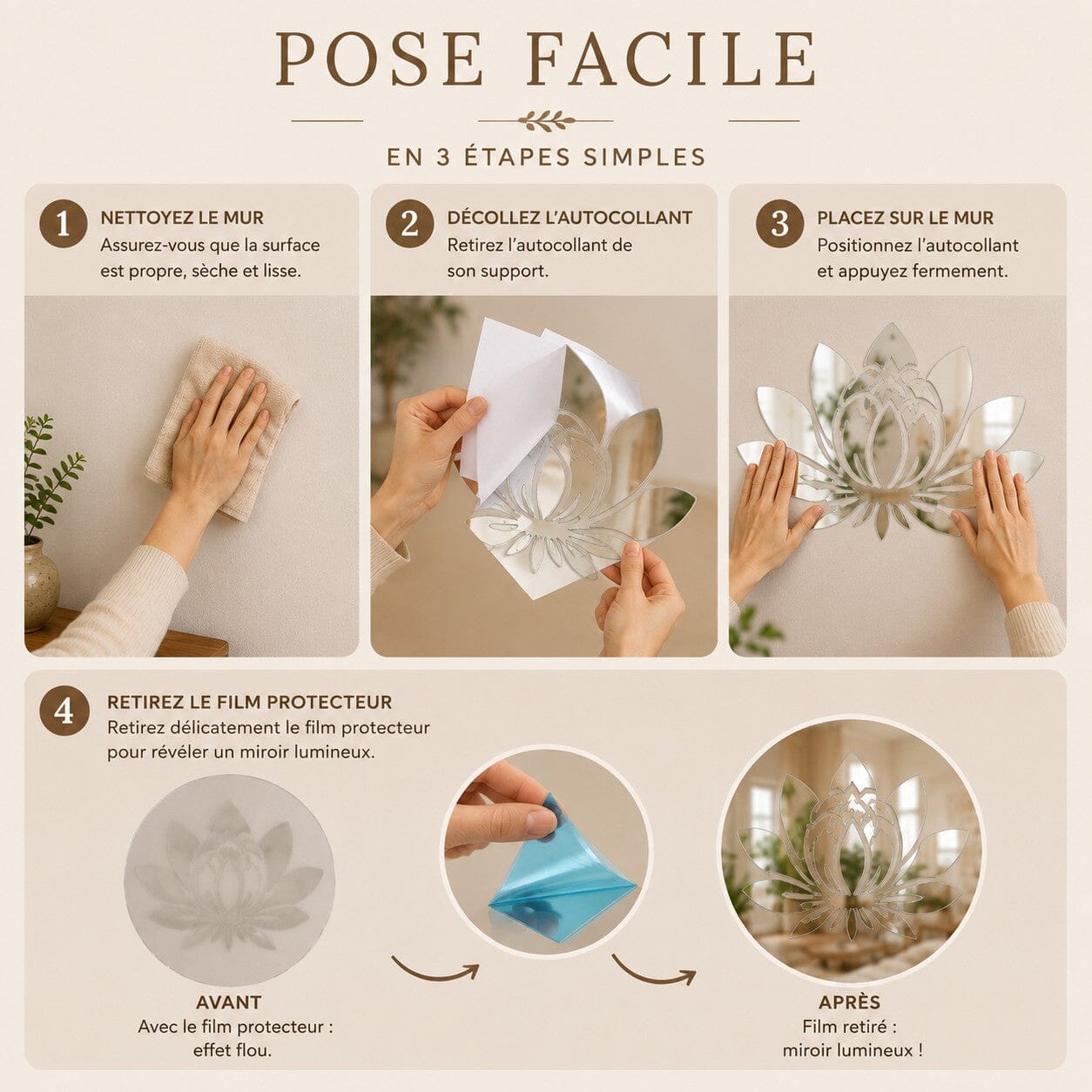 Guide de pose du stickers mural Lotus en quatre étapes simples