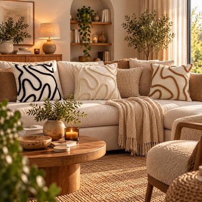 Salon chaleureux avec housses de coussin Chenille Boho en beige, café et noir