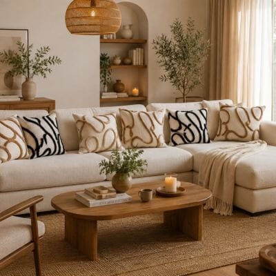 Salon chaleureux avec housses de coussin Chenille Boho en beige, café et noir