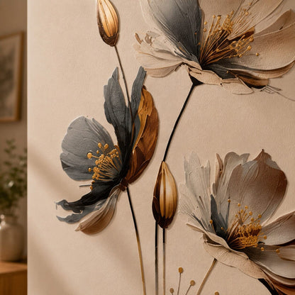 Stickers mural Fleurs Botaniques en gros plan avec détails texturés bleu gris crème et doré