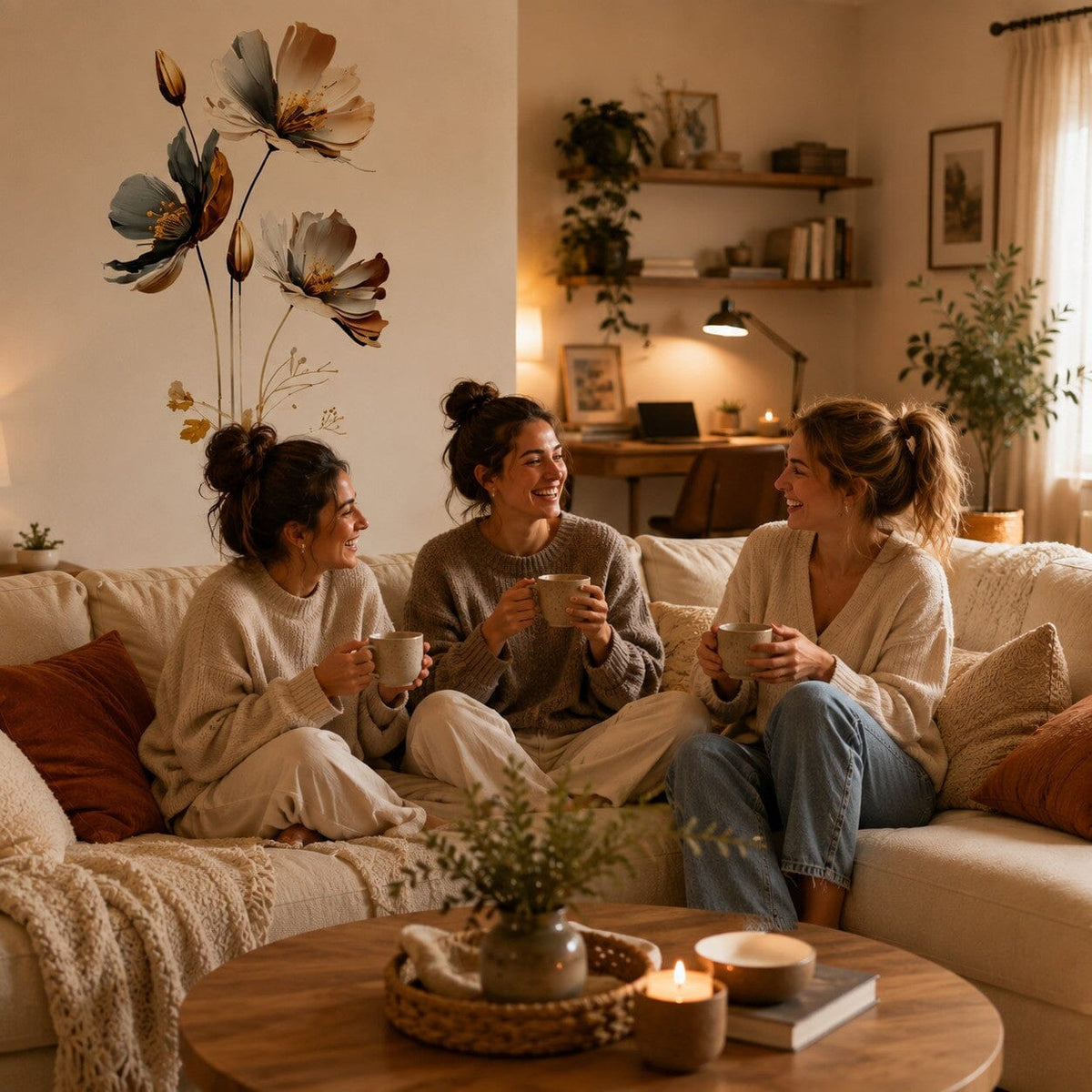 Stickers mural Fleurs Botaniques dans un salon chaleureux avec trois amies autour d'un thé