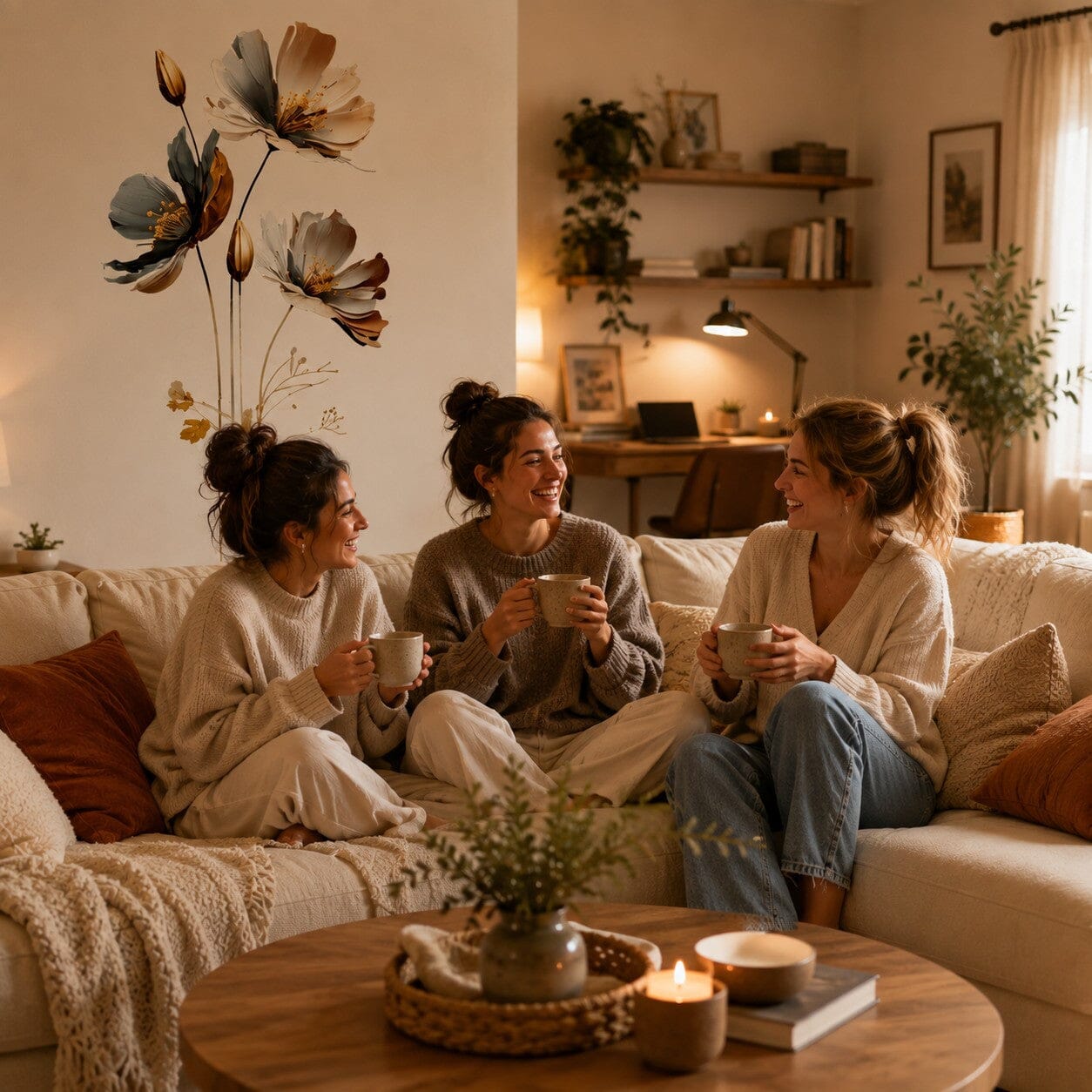 Stickers mural Fleurs Botaniques dans un salon chaleureux avec trois amies autour d'un thé