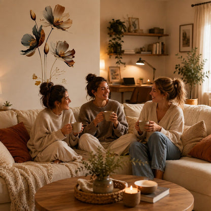 Stickers mural Fleurs Botaniques dans un salon chaleureux avec trois amies autour d'un thé
