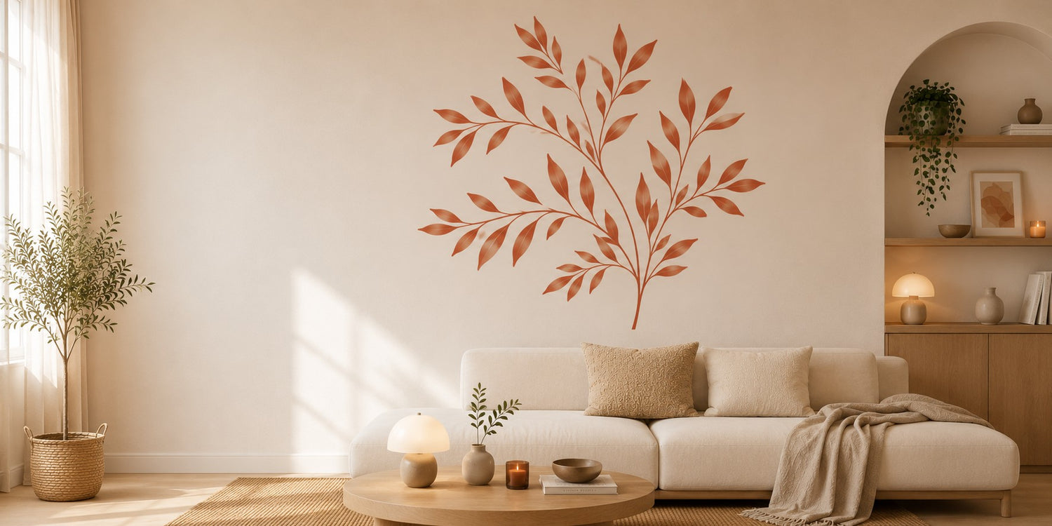 Salon chaleureux aux teintes naturelles avec stickers muraux végétal terracotta, canapé en lin et décoration élégante