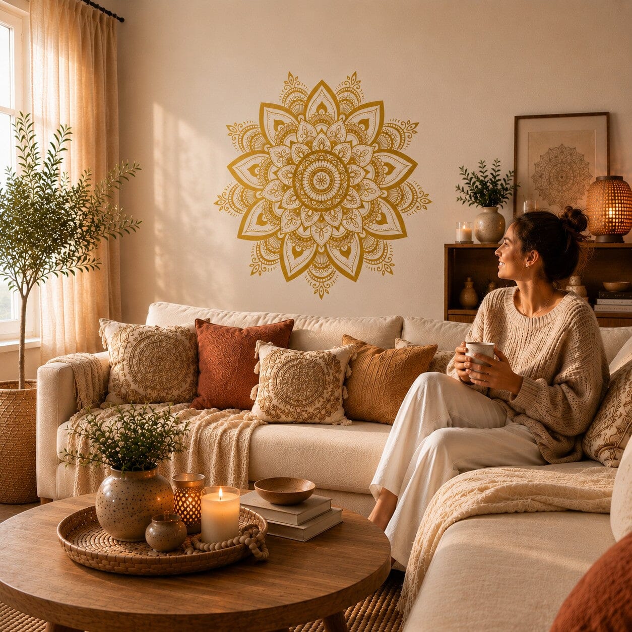 Femme profitant de son salon chaleureux décoré avec un sticker mural Mandala Bohème doré.
